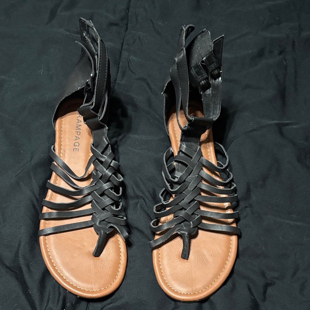Rampage Black Strappy Gladiator Sandals with Tan Footbed
